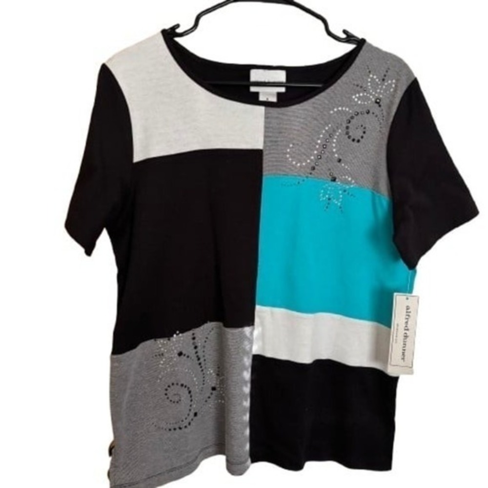 Alfred Dunner Womens Play Date Top Medium NWT Short Sleeve Multi Color Patchwork